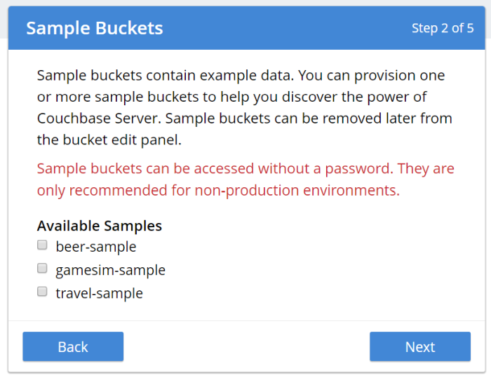Loading an optional sample bucket into Couchbase Server